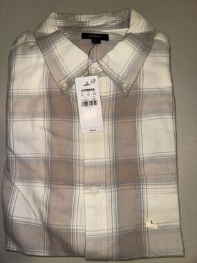 Express Men’s Cream and Tan Plaid Flannel Button-Down Shirt
